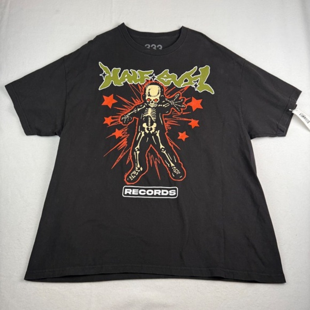 Half Evil 333‎ Records Skeleton Graphic T-Shirt Mens 2XL Black Streetwear Tee